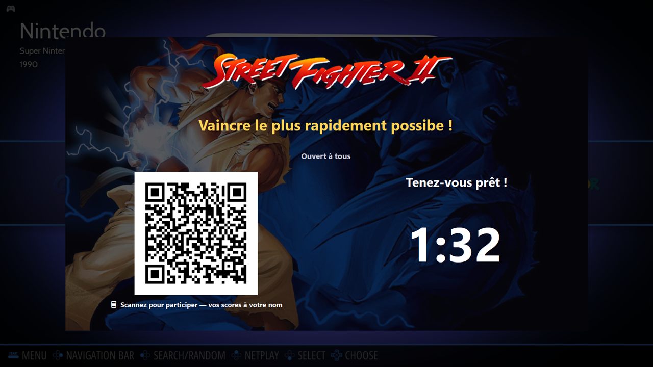 Un défi qui démarre sur une borne : l'objectif, la mention ouverte à tous, un code QR pour entrer et un décompte.